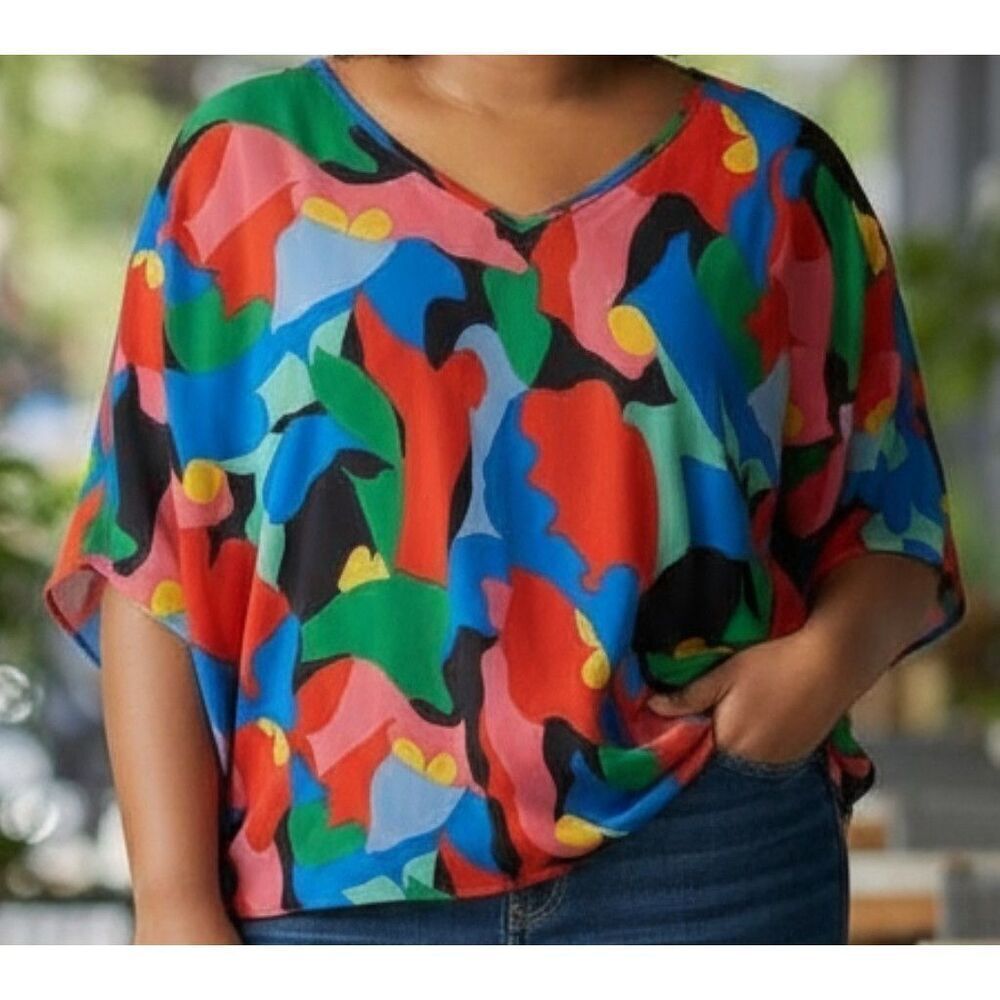 Adrienne Vittadini Blooming Bliss Abstract Poncho Womens Size M Colorful Blouse